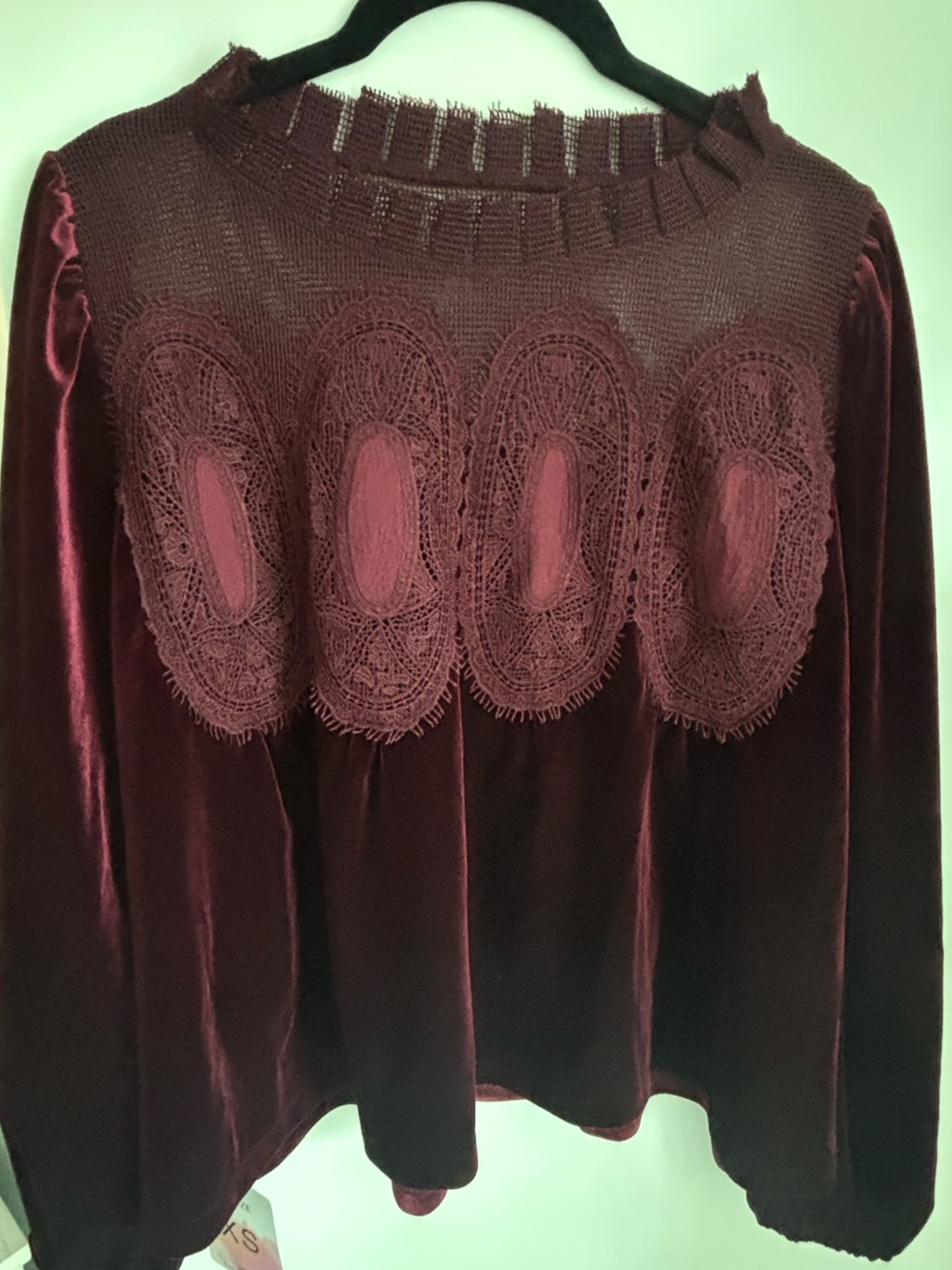 Women's Velvet Lace Yoke Pullover Top - Burgundy